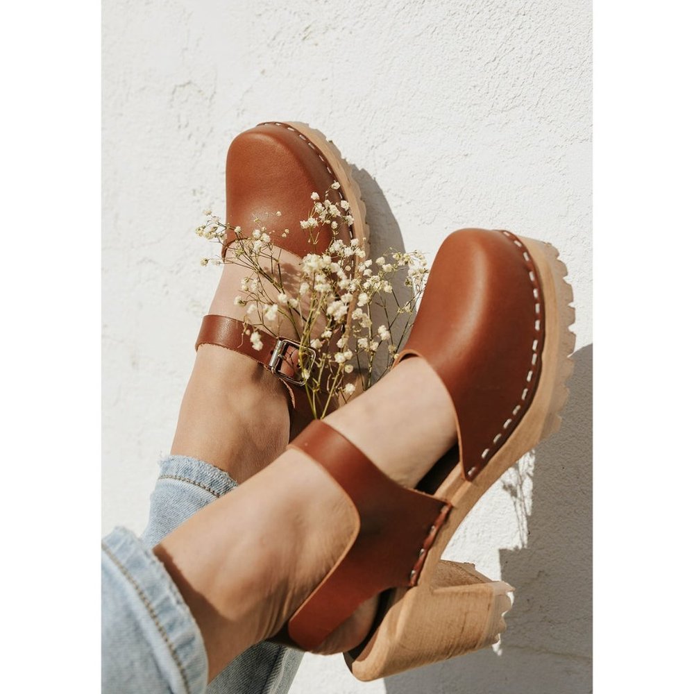 MIA Abba Swedish Wooden Clogs Italian Leather Luggage Brown Size 9 39